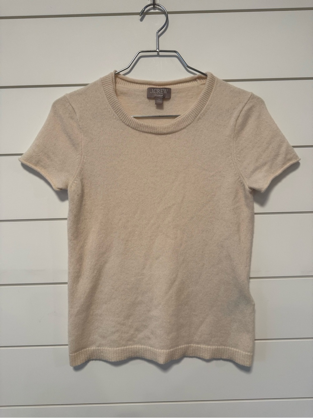J. Crew light pink Short-Sleeve Cashmere Sweater Top Rolled Edge Sleeve Size S